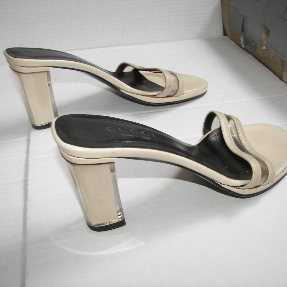 Gucci cream color peep toe leather mule heel US8.5B/EU39 lucite 3" heel - Picture 4 of 10